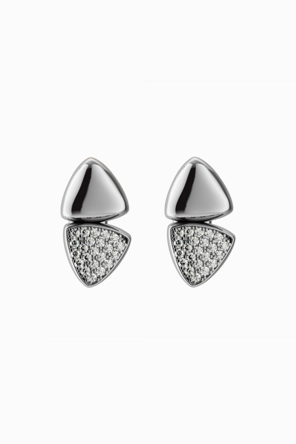 Cercei stud din argint 925 Manissi Delta Silver, design dublu triunghi cu pavé de zirconie albă, vedere față
