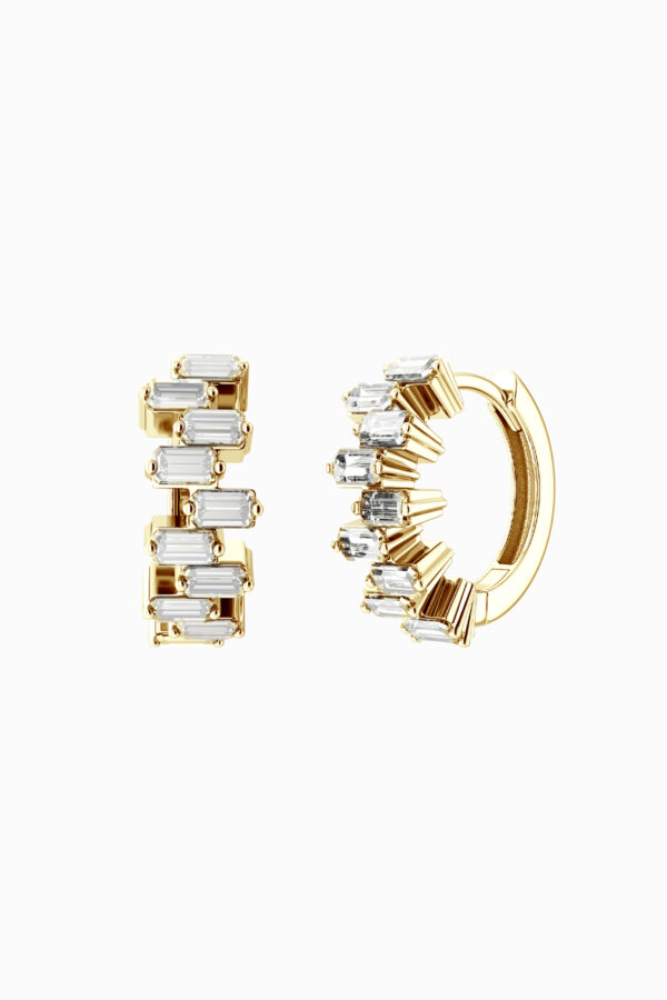 Cercei din argint 925 placați aur galben Manissi Irregular Zirconia Gold, zirconie baguette, vedere laterală cu închizătoare huggie