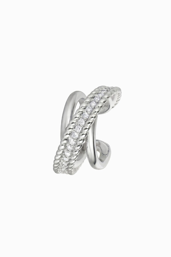 Ear cuff argint 925 rigid Manissi Tennis Cross Silver cu design încrucișat — inel torsadat cu zirconie și inel lucios, grosime 7mm, diametru interior 9mm
