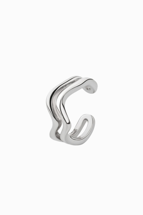 Ear cuff argint 925 rigid Manissi Wave Silver cu design dublu val organic lucios, grosime 5mm, diametru interior 9mm, fără perforare