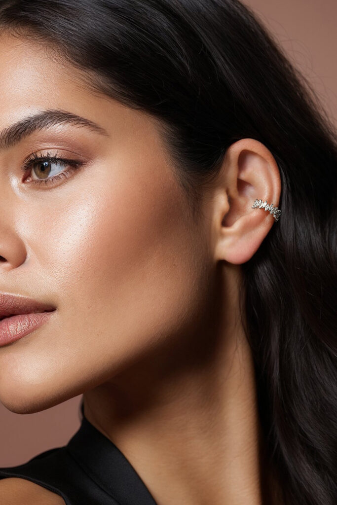 Model frumos cu par castaniu care pune in evidenta un cercel tip cuff din argint cu pietre.