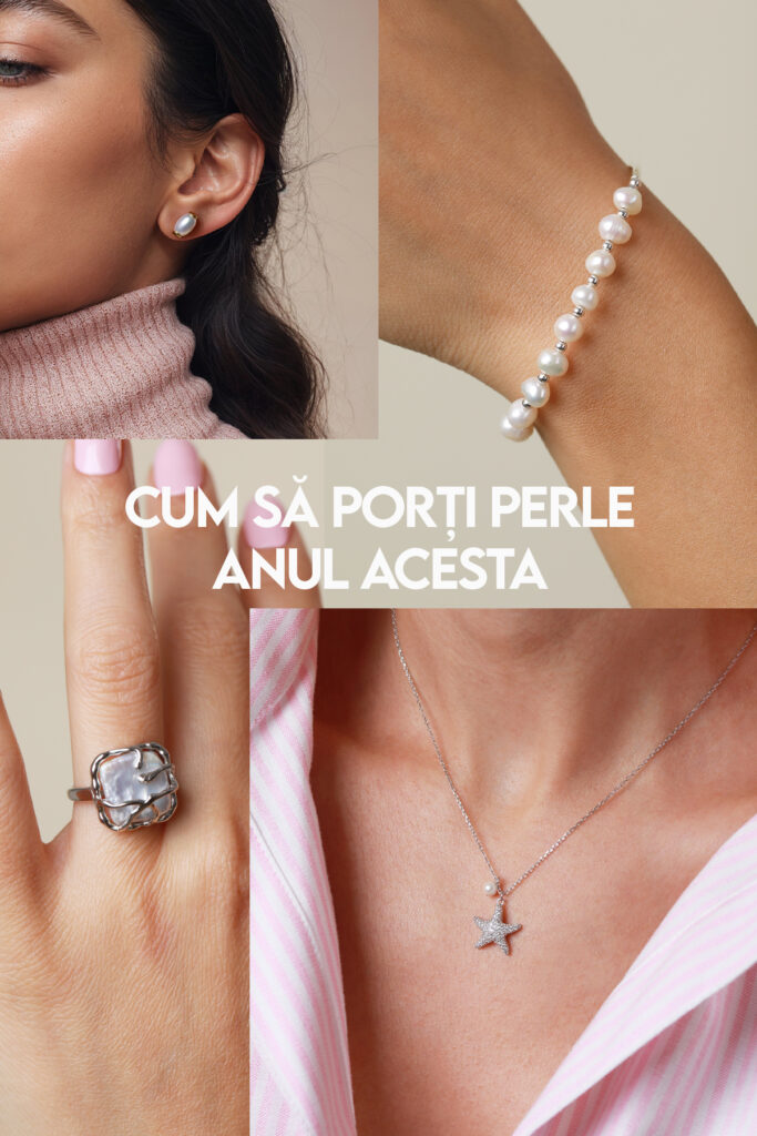 Colectie de patru poze asezate una langa alta in care sunt evidentiate bijuterii cu perle naturale de cultura de diferite forme.