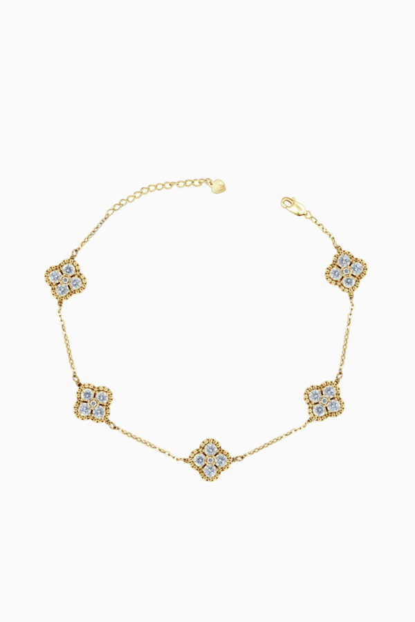 Brățară din argint 925 placată aur galben Manissi Bold Clover Gold cu 5 motive trifoi ornate cu zirconie albă, lungime 16cm