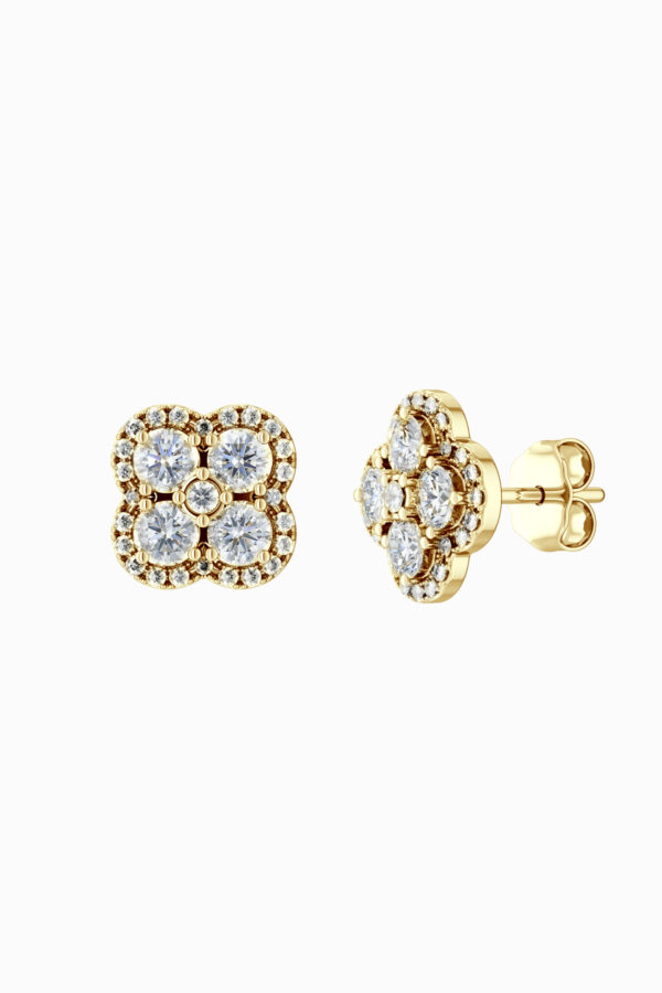 Cercei stud din argint 925 placați aur galben Manissi Bold Clover Gold, vedere laterală cu închizătoare butterfly