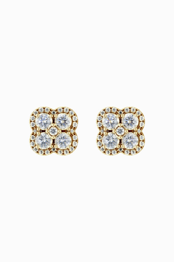 Cercei stud din argint 925 placați aur galben Manissi Bold Clover Gold, design trifoi cu zirconie rotundă, vedere față