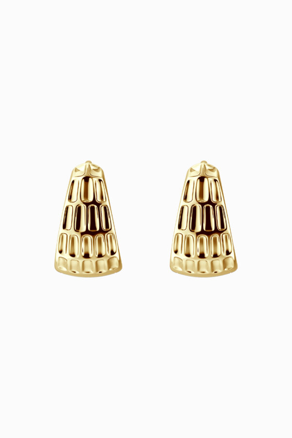Cercei din argint 925 placați aur galben Manissi Stevie Gold, design conic texturat cu două fețe, vedere laterală cu închizătoare huggie