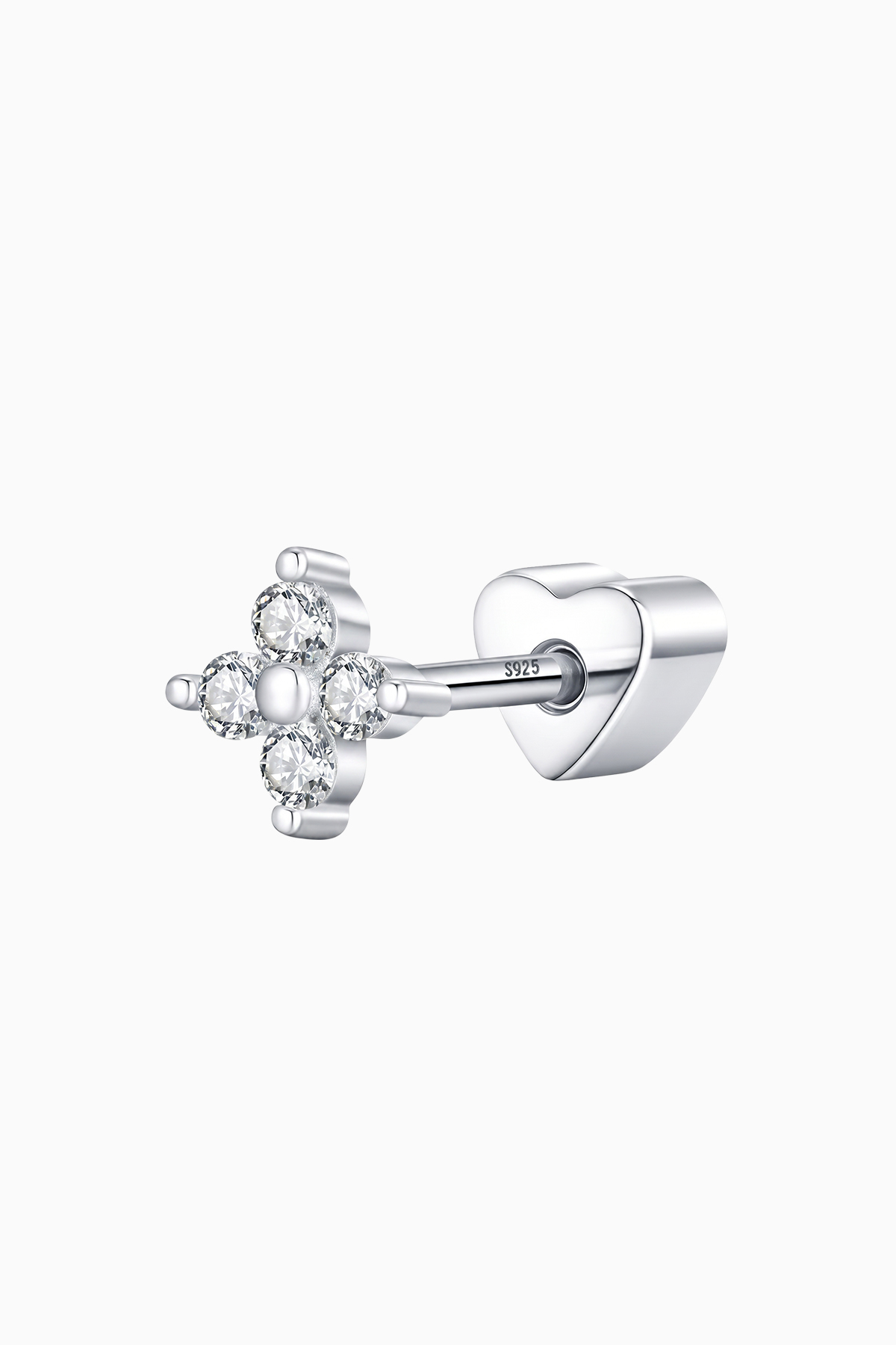 Cercel-piercing-din-argint-Manissi-Diamond-Flower Cercel piercing din argint 925 Manissi Diamond Flower cu 4 pietre moissanite de 1.5mm în design floare și închidere șurub inimă