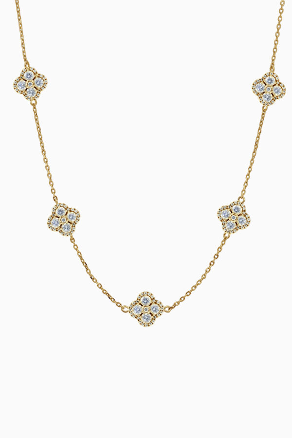 Lanț din argint 925 placat aur galben Manissi Bold Clover Gold cu 5 motive trifoi ornate cu zirconie albă și pavé, lungime 38cm