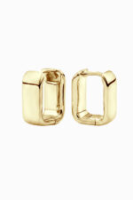 Cercei huggie argint 925 placați aur galben Manissi Rectangle Small Bold Gold, profil chunky 5mm, vedere laterală cu închizătoare huggie