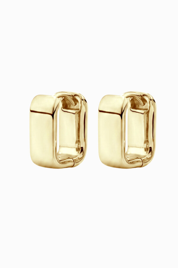 Cercei huggie argint 925 placați aur galben Manissi Rectangle Small Bold Gold cu formă dreptunghiulară chunky, grosime 5mm, vedere față