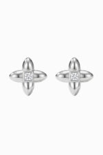 Cercei stud din argint 925 Manissi Clover Princess Silver cu 4 petale ovale lucioase și zirconie princess cut 2mm centrală, 9mm