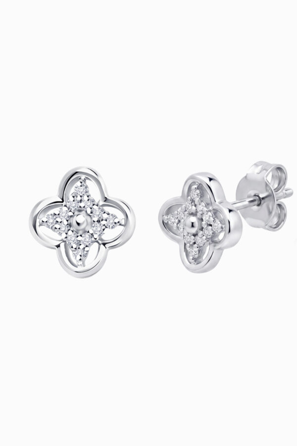 Cercei stud din argint 925 Manissi Zircon Clover Silver, vedere laterală cu tija și închizătoare butterfly