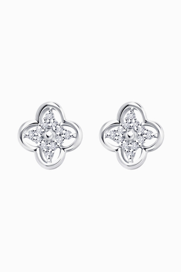 Cercei stud din argint 925 Manissi Zircon Clover Silver cu design trifoi 8mm și zirconie pavé pe 4 petale, vedere față